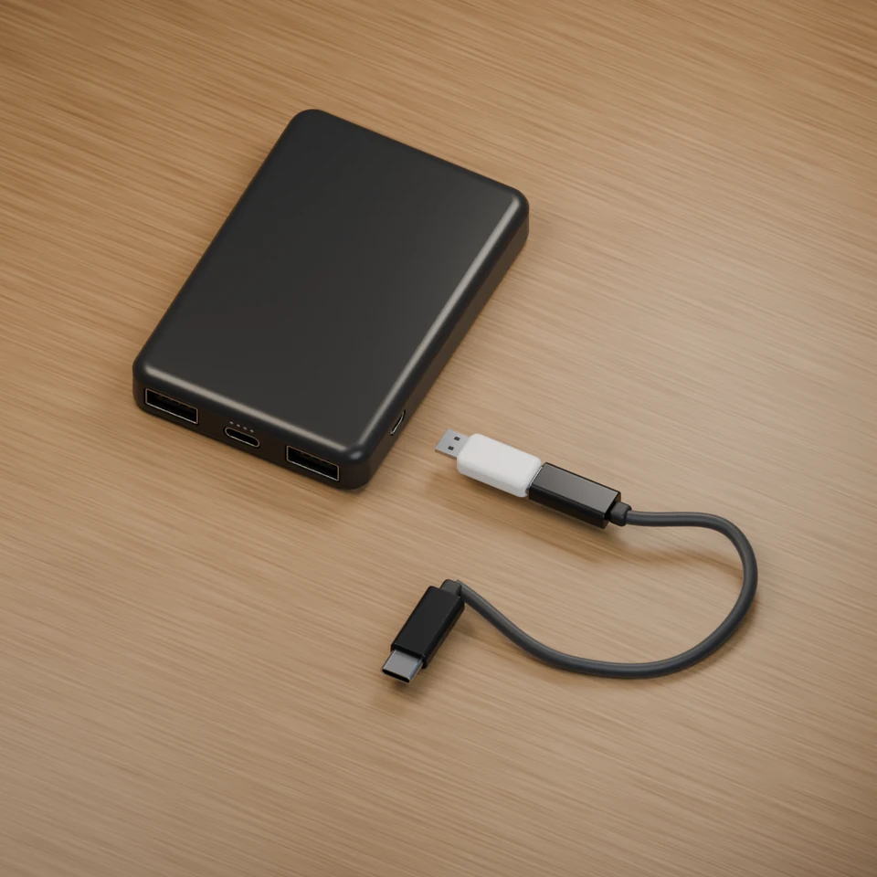 Connect the black end to a USB-C power source, and the white end to the side Micro USB port on the power bank.