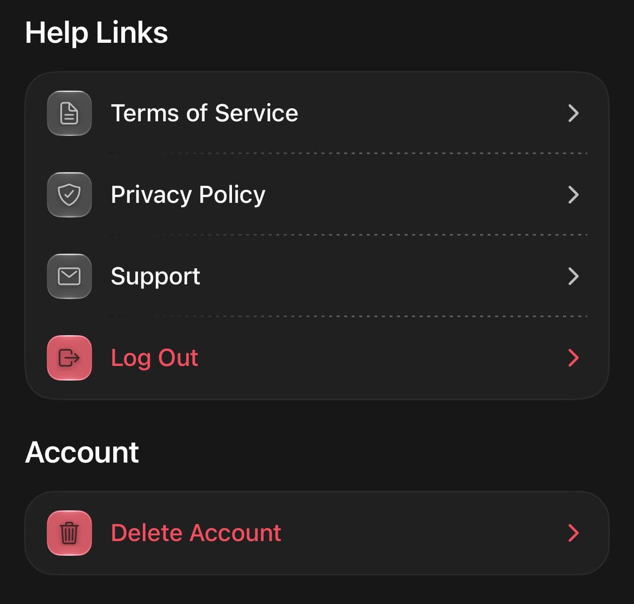 Ruby mobile app Settings screen showing the Delete Account button below the Account heading